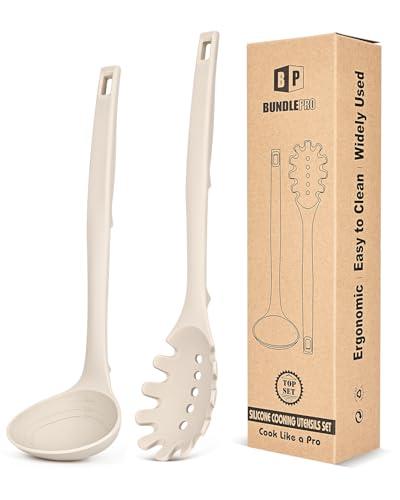 Silicone Pasta Fork and Soup Ladle Set, Heat Resistant Non Stick Kitchen Utensils with Back Hooks, Suitable for Cooking, Stirring, Serving Spaghetti, Soup, Sauce(KHAKI)