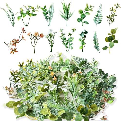 Zofusaier 30Pcs Mini Fake Green Leaves Faux Flower Heads Garland Hanging with Bulk Leaves for DIY Small Bouquets Bridal Baby Shower Cakes Gifts Home Party Decoration