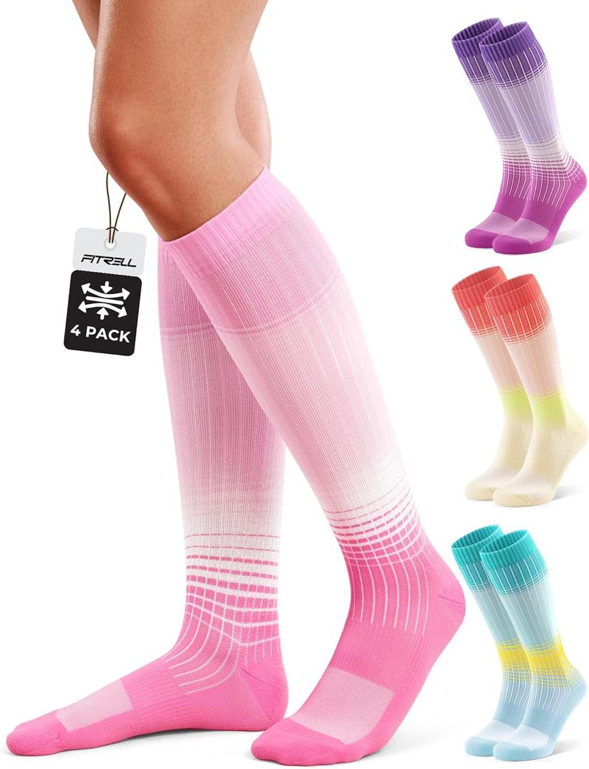 FITRELL 4 Pairs Compression Socks for Women & Men, 15-20mmHg Circulation Support for Athletic Travel Daily Wear (Large-X-Large, Blue+orange+pink+purple)