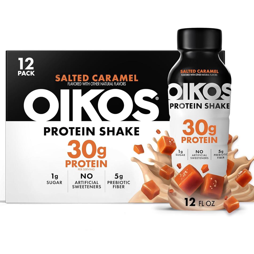 Oikos Protein Shake, Salted Caramel, 30g High Protein Drinks, Shelf Stable, Ready to Drink, 5g Prebiotic Fiber, 12 fl oz Bottle, 12 Count, BB Date: 05/08/27