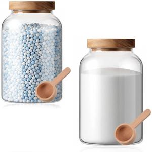 2 Pcs Half Gallon Glass Laundry Storage Containers Jars Set with Acacia Lid 2 Spoon for Detergent Powder Scent Beads Bath Bombs Salt