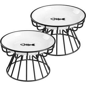 Cat Bowls, Elevated Cat Bowl, Raised Ceramic Dish with Metal Stand, Pet Water or Food Feeding Station for Indoor Cats, Kitten, Puppies and Small Dogs, Dishwasher Safe (Raised Cat Bowl(2 pack))