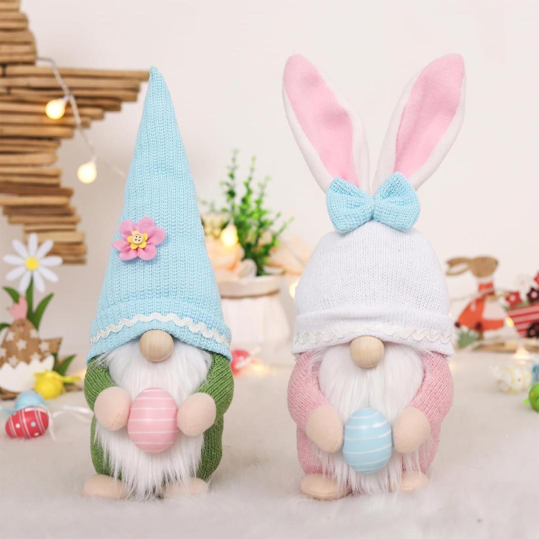 Mother's Day Gnomes Plush Decoration, 2 PCS Bunny Dolls with Egg Handmade Faceless Elf Dwarf Spring Home Decor Gift for Mothers, Wife, Swedish Rabbit Tomte Table Ornaments Tiered Tray