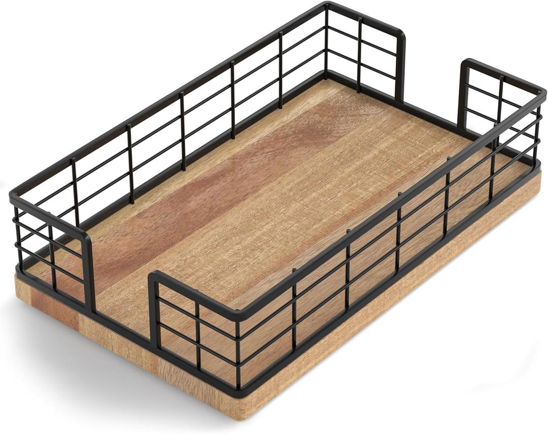 Wican Guest Towel Holder Tray for Bathroom, Acacia and Iron Napkins Holder for Powder Room Dinning Table Wooden Basket for Disposable Paper Hand Towels Black and Acacia (9.06 x 5.51 x 2.56 inchs)