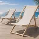 AceOrbit 2 Pcs Outdoor Folding Sling Chair - Solid Pine Wood Frame & Breathable Oxford Fabric - 3-Position Adjustable Portable Lounge Chair for Beach, Patio, and Backyard (Cream White)