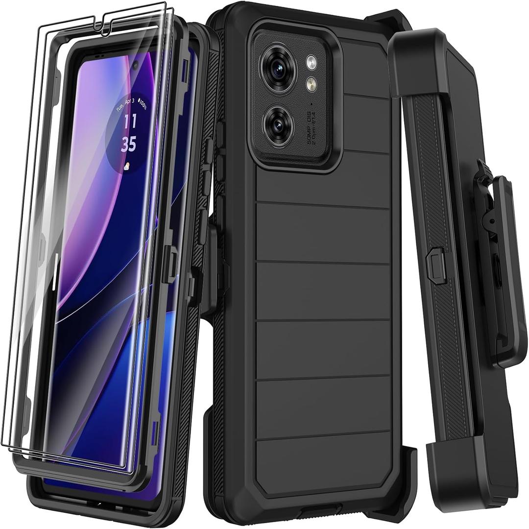 for Motorola Edge 2023 Case with Belt Clip Holster,2X Screen Protector Moto Edge 40 Case,Heavy Duty Drop Protection Military Grade Shockproof Protective Phone Cover with Kickstand (Black)