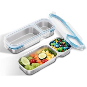 Bakpoco Stainless Steel Snack Containers, 2 Pack 2 Compartment Metal Snack Lunch Box Containers with Lid, Reusable Food Storage Container, Leak Proof, Grab and Go