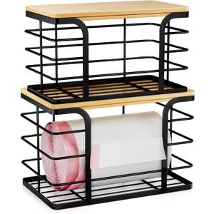 2 Pack Stackable Storage for Kitchen Laundry Pantry Organizers,Garbage Bag Holder with Bamboo Top,Wall Mount Garbage Bag Dispenser,Black Large and Small