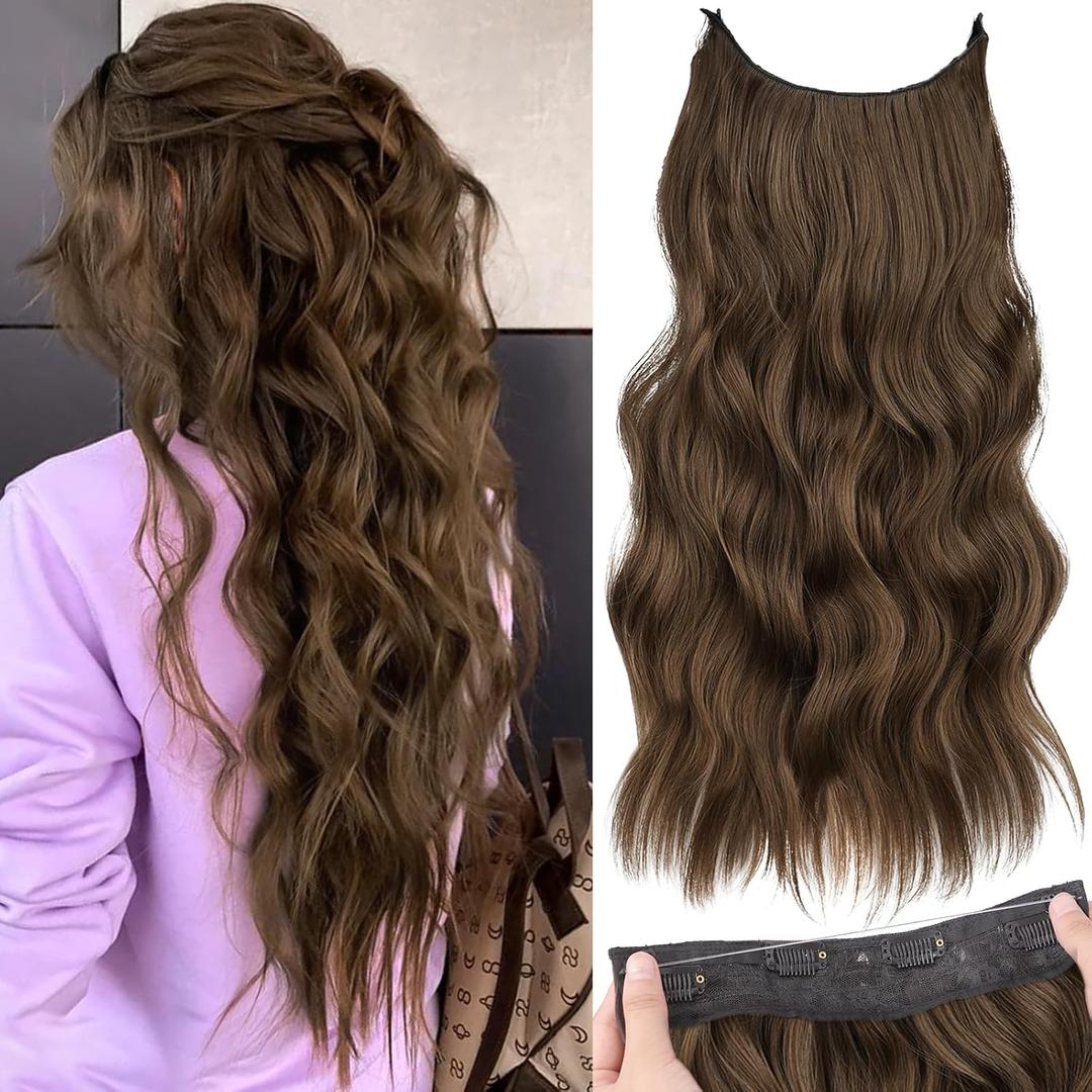 KooKaStyle Invisible Wire Hair Extensions with Transparent Wire Long Wavy Synthetic Hairpiece with 4 Secure Clips Adjustable Secret Headband for Women(20 Inch Chestnut Brown)