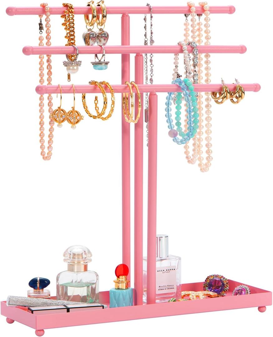 Jewelry Organizer Stand 3 Tier Tabletop Bracelet Rings Watches Necklace Display with Tray Great for Women Pink
