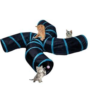 EGETOTA Cat Tunnel for Indoor Cats Large, with Play Ball S-Shape 5 Way Collapsible Interactive Peek Hole Pet Tube Toys, Puppy, Kitty, Kitten, Rabbit (Blue & Black)