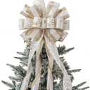 Christmas Tree Topper, 40x13 Inches Toppers Bow with Glitter Satin Mesh Streamer and Patterned Ribbon, Christmas Tree Topper Bow for Christmas Home Decoration (White Golden)