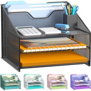 Samstar Desk File Organizer, Mesh Letter File Folder Holder with 3 Paper Trays and 2 Vertical Upright Section, for Office Supplies,Desk Accessories & Workspace,Black.