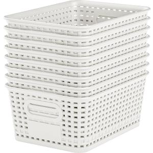 White Plastic Storage Baskets - Pack of 8 with Labels Stackable Durable Storage Bins, Storage Containers for Organizing Desktops, Closets, Playrooms, Classrooms, Offices