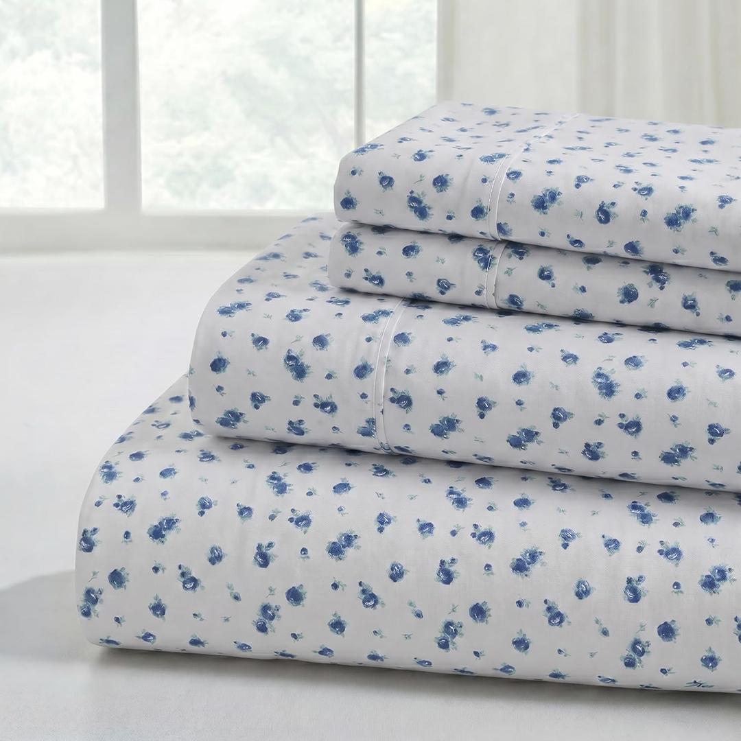Modern Threads 4-Piece Ultra Soft Microfiber Bed Sheets Set, Wrinkle Free Sheets with Deep Pockets Fitted Sheet, Flat Sheet & Pillowcases, Lightweight Breathable Bedding, Blue Roses, Full