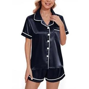 YIJIU Womens Satin Silk Pajamas Set Short Sleeve Button Down Top and Shorts Sleepwear Comfy 2 Piece Pjs Set Loungewear, Navy Blue, XXL