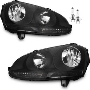Headlights W/Bulbs for 2005-2010 VW Jetta Sedan/ 06-09 Volkswagen GTI/Rabbit/ 09 VW Wagon, DOES NOT FIT XENON/HID, Driver & Passenger Side (Black Housing | With High & Low Beam Bulbs)