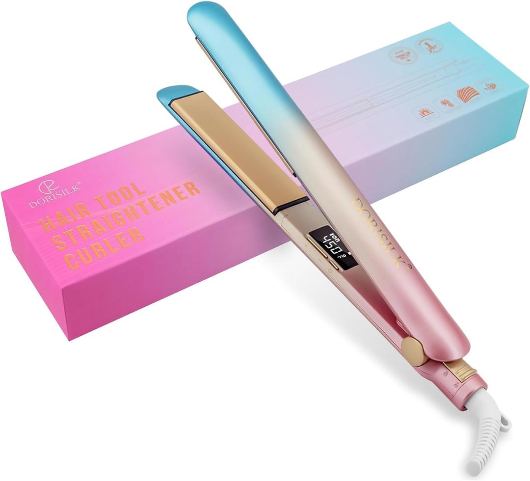 DORISILK Colorful Flat Iron 450 Degrees, Ceramic Hair Straightener and Curler 2 in 1, 30s Fast Heat Straightening Iron for Hair, Dual Voltage Hair Iron 1 Inch Salon Control Temp Gift for Women Girls (Colorful Straightener Flat Iron)