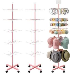 Ripeng 2 Pack 5-Tier Rotating Retail Display Stand, Adjustable Spinning Rack with Wheels for Jewelry Earrings Keychains Craft Shows Vendor Events, Pink