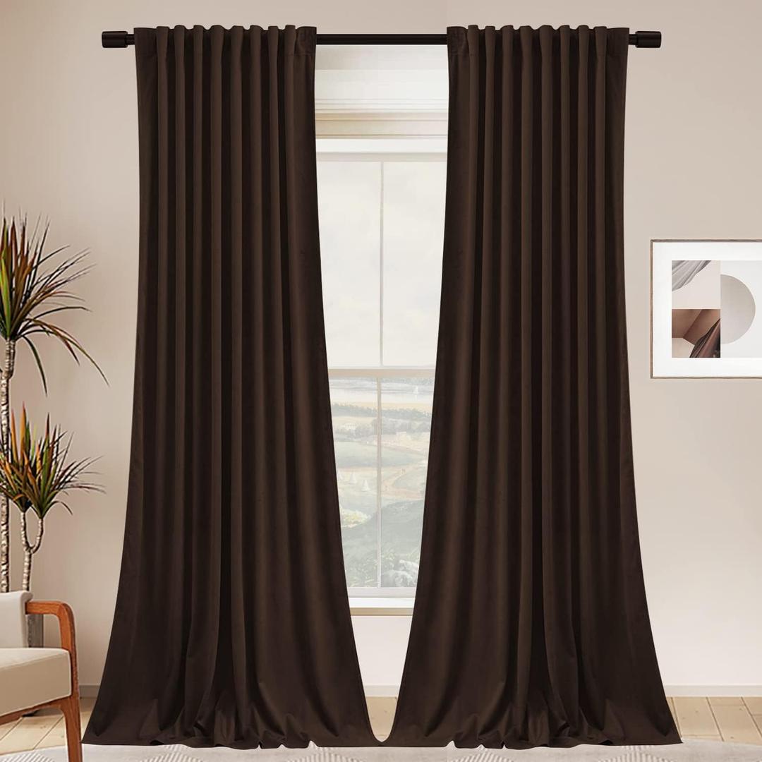 SNITIE Brown 84 in Long Velvet Curtains with Back Tab and Rod Pocket Thermal Insulated Soft Privacy Light Filtering Velvet Drapes for Bedroom and Living Room, Set of 2 Panels, 52 x 84 Inches Long