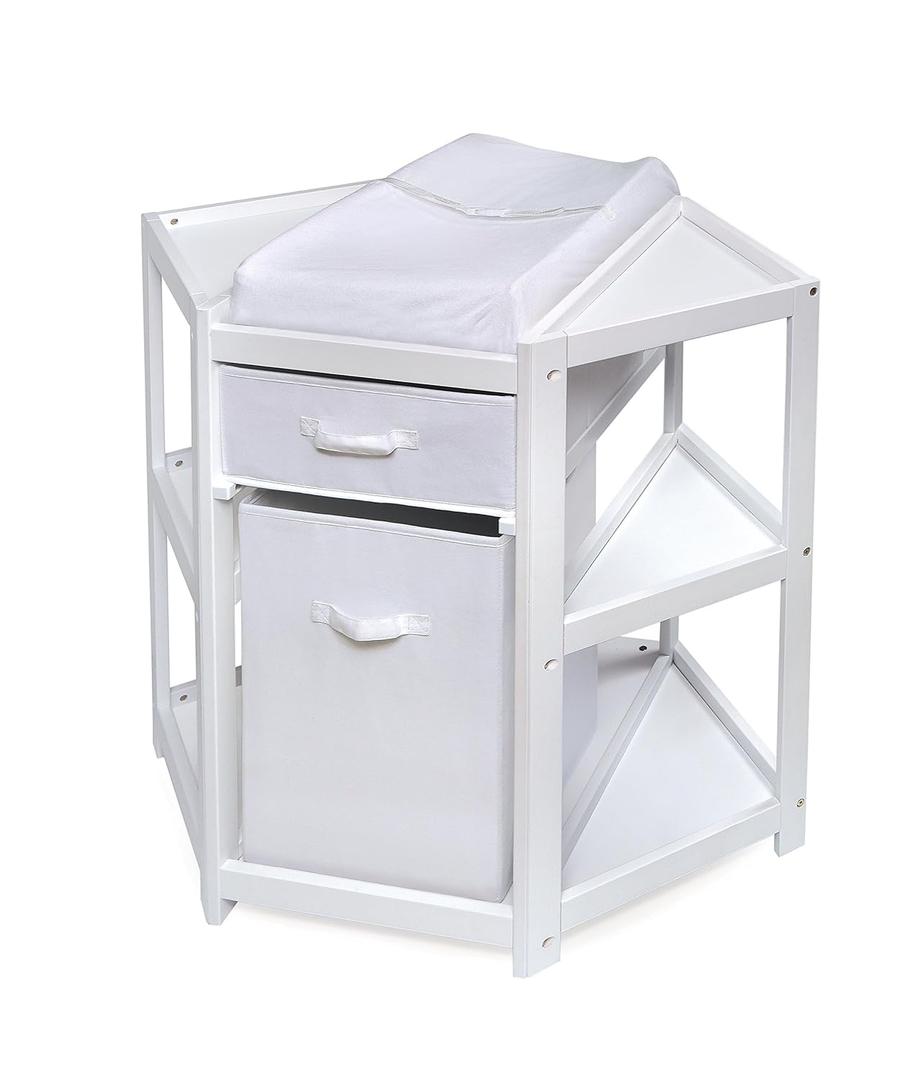 Badger Basket Diaper Corner Baby Changing Table  Space-Saving White Nursery Station with Hamper, Basket & Changing Pad