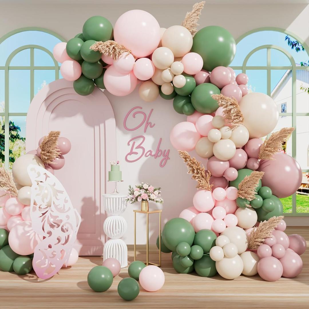 Vurxanqo Baby in Bloom Balloon Arch Kit, White Sand Pastel Pink Sage Green and Pink Balloon Garland Arch Kit for Boho Baby Shower Decoration for Girl Birthday Party Decoration