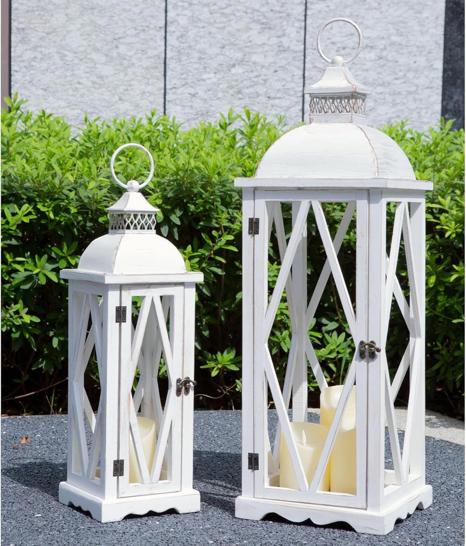Perfnique Farmhouse Outdoor Lanterns for Patio, Set of 2 White Rustic Lanterns Decor, Vintage Hanging Candle Holder Decorative for Porch, Garden, Yard, Indoor (No Glass)