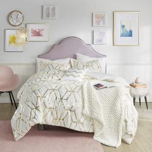 Comfort Spaces Vivian Comforter Set Ultra Soft All Season Lightweight Modern Geometric Glam Metallic Print Bedding, Matching Sham, Decorative Pillow, Full/Queen, Geometric Ivory/Gold