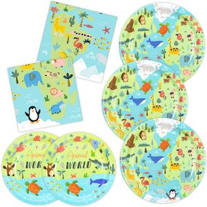 DYLIVeS Animal World Map Paper Dinner Dessert Plates, Luncheon Napkins Safari Woodland Atlantic Blue Ocean Animals Birthday Party Supplies for Boys Baby Shower Birthday Party Decorations, Serve 50
