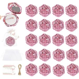 20 Set Rose Compact Mirrors Flower Small Pocket Makeup Double Sided Hand Mirror Cosmetic Bulk Including Thank You Tags Jute Twine White Bags for Bridal Shower Wedding Party Favors Pink