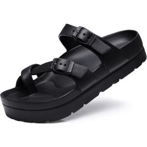Women's Platform Sandals with Arch Support Comfortable Foam Slides Summer Beach Sandals with Adjustable Buckle (9, Black)
