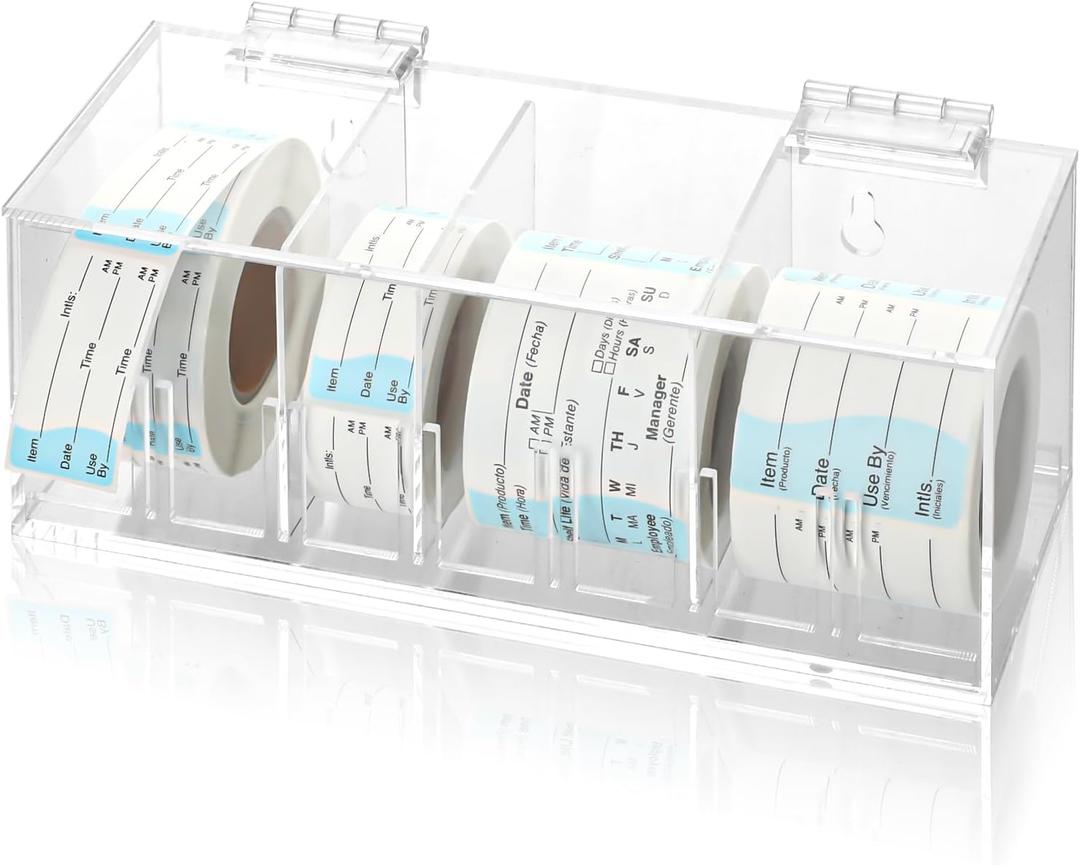 Adjustable Label Dispenser 4 Disks Sticker Roll Holder Acrylic Sticker Dispenser 9" x 3.5" x 3.5" Dissolvable Food Label Sticker Holder Organizer Label Stand for Date Sticker Label DesktopNo Label
