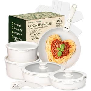 15-Piece White Granite Nonstick Cookware Set – Detachable Handles & Tempered Glass Lids – Stackable & Cool-Touch - Induction & Oven Safe to 480°F - Scratch-Resistant, PFOA & PFOS-Free