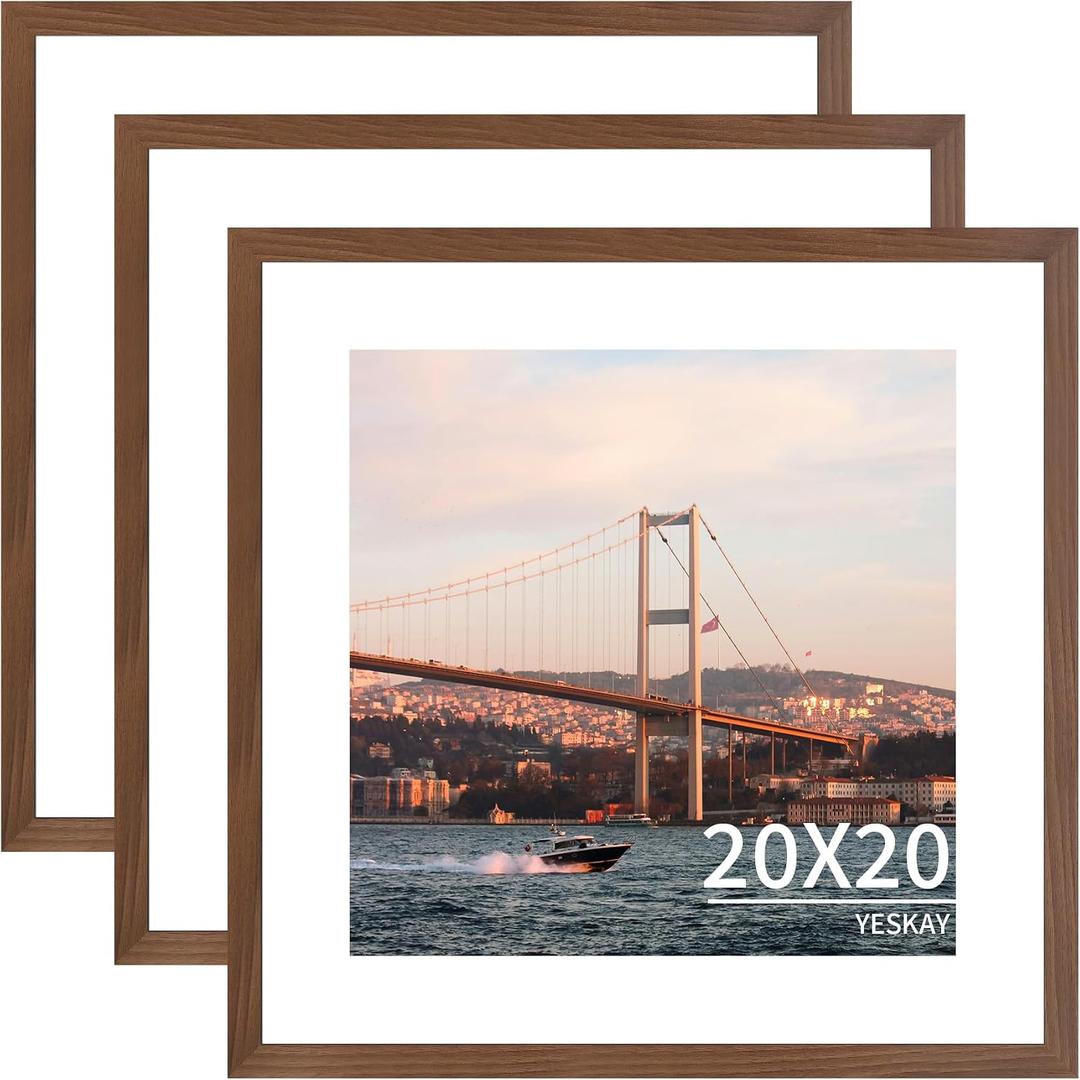 YESKAY 20x20 Picture Frame 3 Pack - Brown Poster Frame Display Pictures 16x16 with Mat or 20 x 20 Without Mat for Wall Hanging Horizontal and Vertical