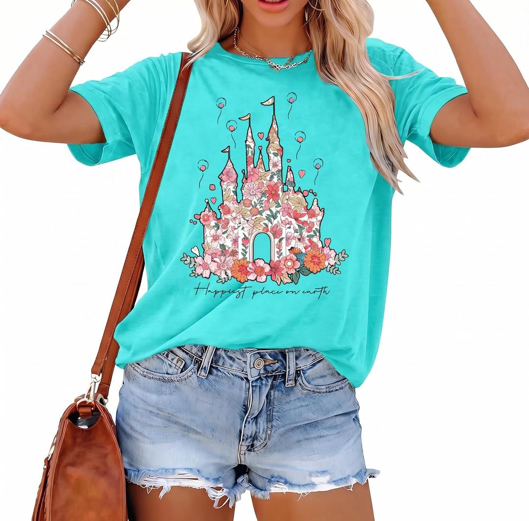 T&Twenties Women Magical Shirt for Women Funny Magic Kingdom Family Vacation Tshirt Casual Graphic Short Sleeve Tee Tops Light Blue (Blue, S)