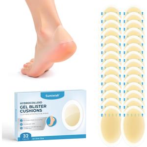 Sumiwish Hydrocolloid Blister Bandages for Feet - Extra Cushioning for Foot, Toe, & Heel Protection - Ideal for Blister Prevention & Recovery - Water Resistant Bandages (32 Count, Heel Pack)