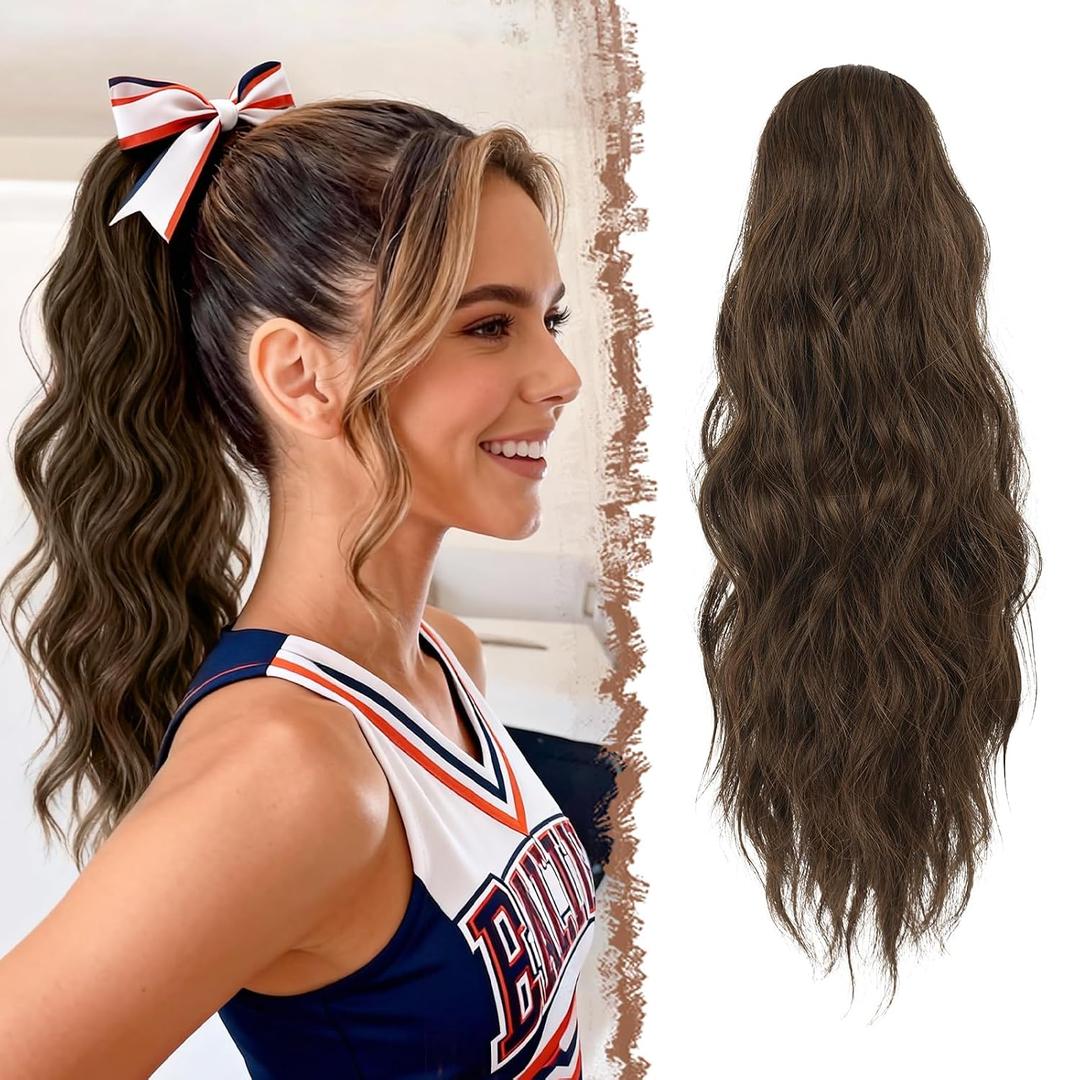 FESHFEN Ponytail Extensions - Drawstring Ponytails Hair Extension Long Curly Wavy Hair Piece Synthetic Pony Tail Hairpieces for Women, Brown & Light Auburn Mixed 18 inch