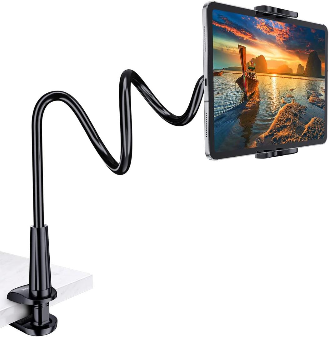 Tryone Gooseneck Tablet Holder Stand for Bed Adjustable Flexible Arm Tablets Mount Clamp on Table Compatible with iPad Air Mini | Galaxy Tabs | Kindle Fire | Switch or Other 4.7-10.5" Devices (Black)