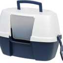 IRIS USA Corner Cat Litter Box Enclosure with Scoop, Small Cat Litter Box with Lid, Corner Litter Box Enclosure for Kittens to Medium Sized Cats, Odor Defensive Hooded Litter Tray, Navy/White