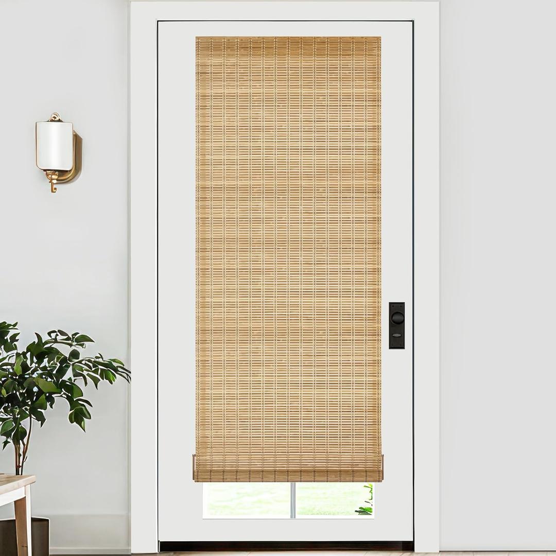 LazBlinds No Tools No Drill Bamboo Roller Shades, Cordless Bamboo Blinds, Light Filtering Roll Up Blinds for Windows, French Door, Porch or Patio Privacy Screen, 26'' W x 70'' H, Brown