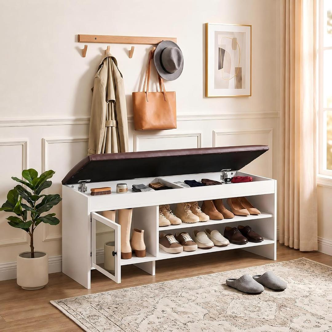 chaoguan 40.5 in Shoe Bench with Storage, Storage Bench, Padded Seat, White