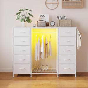 LUMTOK 55" W 2-in-1 Dresser with Hanging Rack, 10 Drawers Dresser for Bedroom, White Drawer Dressers with LED Lights, Charging Station and Hanging Racks for Bedroom, 13.7"D x 54.6"W x 43.3"H