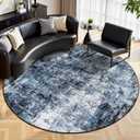 Rugflix Round Area Rugs 8Ft for Living Room, Washable Circle Rug Stain-Resistant Low Pile, Modern Dark Carpet for Bedroom Dining Room Home Office Kid Nursery Room, Navy Blue/Black