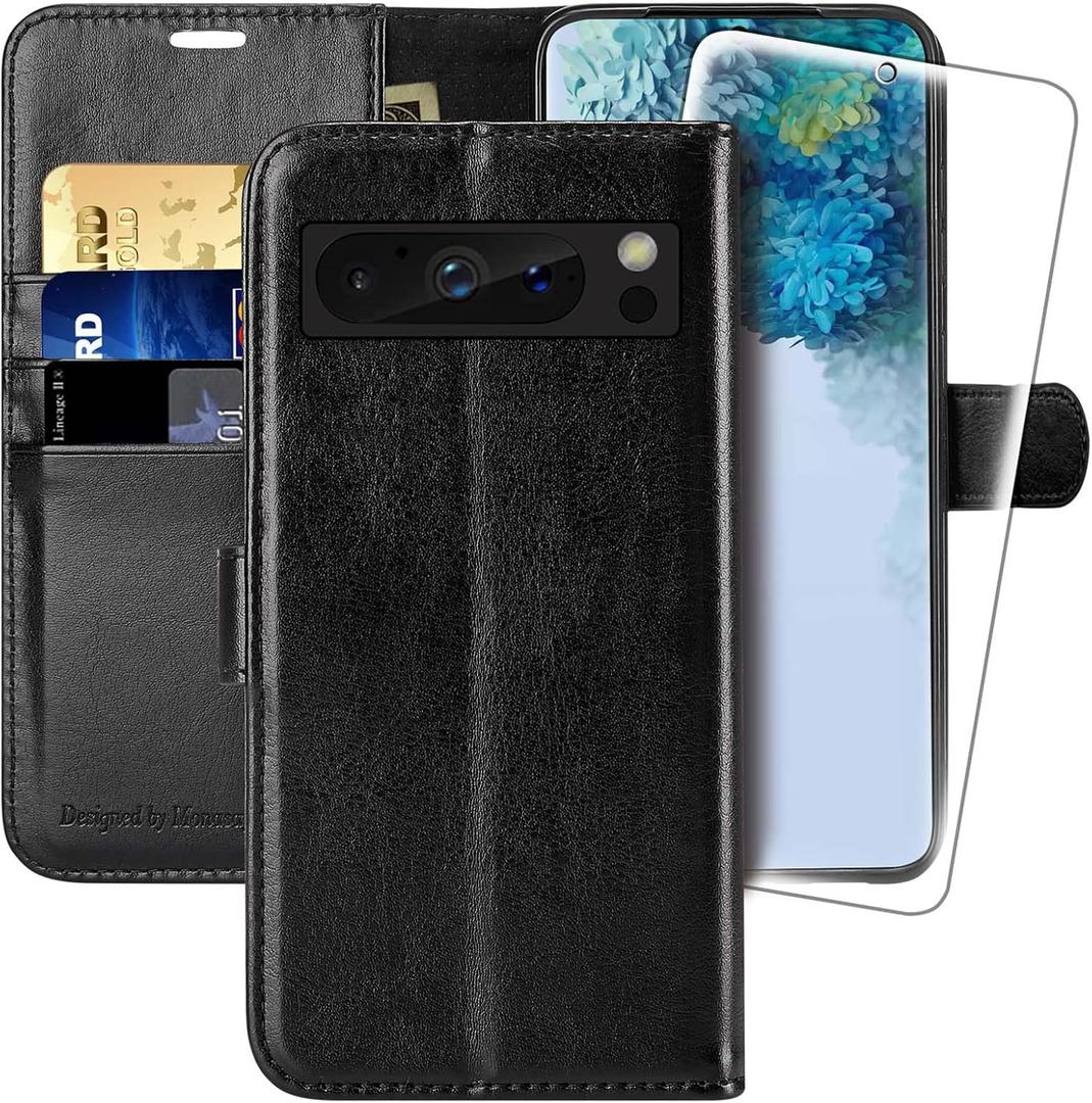 MONASAY Wallet Case Compatible for Google Pixel 8 pro[Screen Protector Included][RFID Blocking] Flip Folio Leather Cell Phone Cover with Credit Card Holder, Black