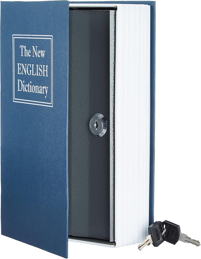 Amazon Basics Book Safe, Money Saving Box, Save for Money, Secret Hidden Metal Lock Box, Money Hiding, Key Lock, Large, Blue