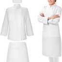 Hillban 3 Pcs Women Chef Coat Unisex Chef Jacket Uniform Tall Hat Costume Coat Shirt Bistro Apron Set (White, S)