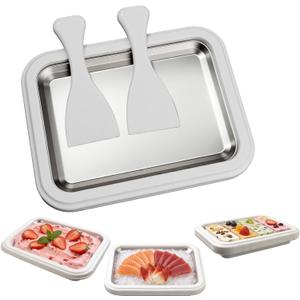 Rolled Ice Cream Maker, Stainless Steel Manual Ice Cream Roll Maker Plate with 2 Scrapers, DIY Homemade Frozen Dessert Tray, No Electricity Required, for Home Use (White, Large)
