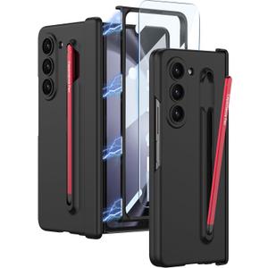 Case for Samsung Galaxy Z Fold 5 with S Pen Holder & S Pen,Luxury Case with Magnetic Hinge Protection and Front Screen Protector,Hard PC Shockproof Protective Cover for Samsung Z Fold 5 (Black+Red Pen)
