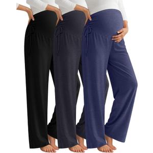 Neer 3 Pack Women's Maternity Pants Over The Belly Loose Pregnancy Pants Stretchy Lounge Wide Leg Trousers with Pockets (Large, Dark Blue, Dark Gray, Black)