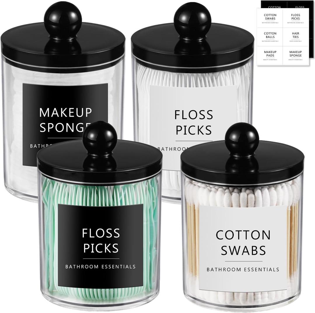 SheeChung 4 Pack Acrylic Qtip Holder Dispenser,Bathroom Jars with Lid Set for Cotton Swabs,Balls,Pads,Floss,Clear Plastic Canisters Apothecary Jar,Bathroom Essential Makeup Vanity Organizer(10oz-12oz)